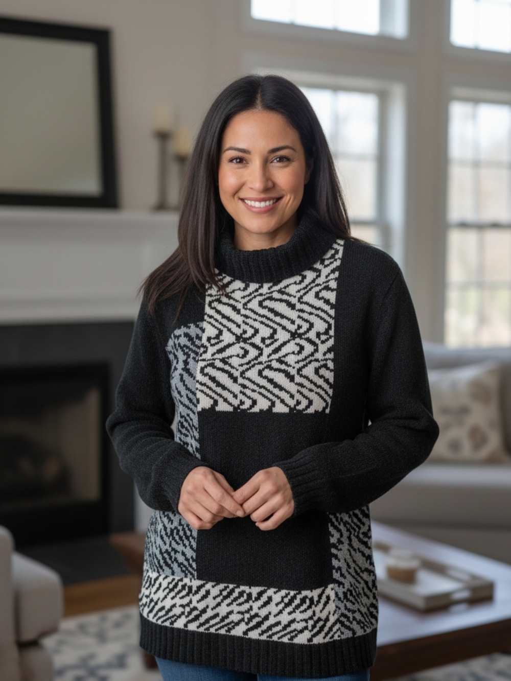 Women's Black Patterned Turtleneck Sweater
